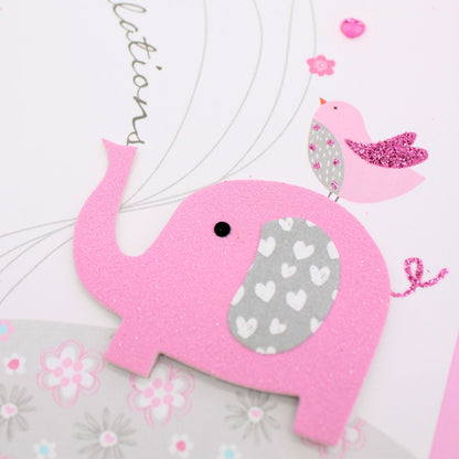 It's a Girl New Baby Card   Champagne Hand-Finished Embellished Elephant Design