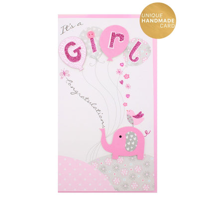 It's a Girl New Baby Card   Champagne Hand-Finished Embellished Elephant Design