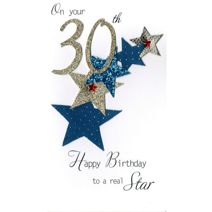 30th Birthday Card For Him Champagne Hand-Finished Embellished Star Design
