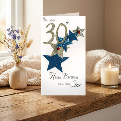 30th Birthday Card For Him Champagne Hand-Finished Embellished Star Design