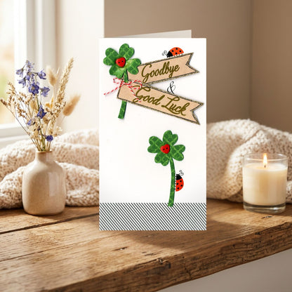 Goodbye & Goodluck Card Champagne Hand-Finished Embellished Lucky Clover Design