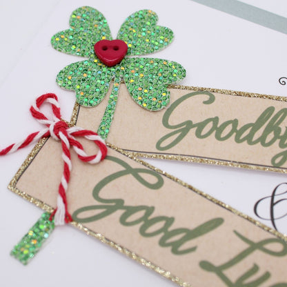Goodbye & Goodluck Card Champagne Hand-Finished Embellished Lucky Clover Design
