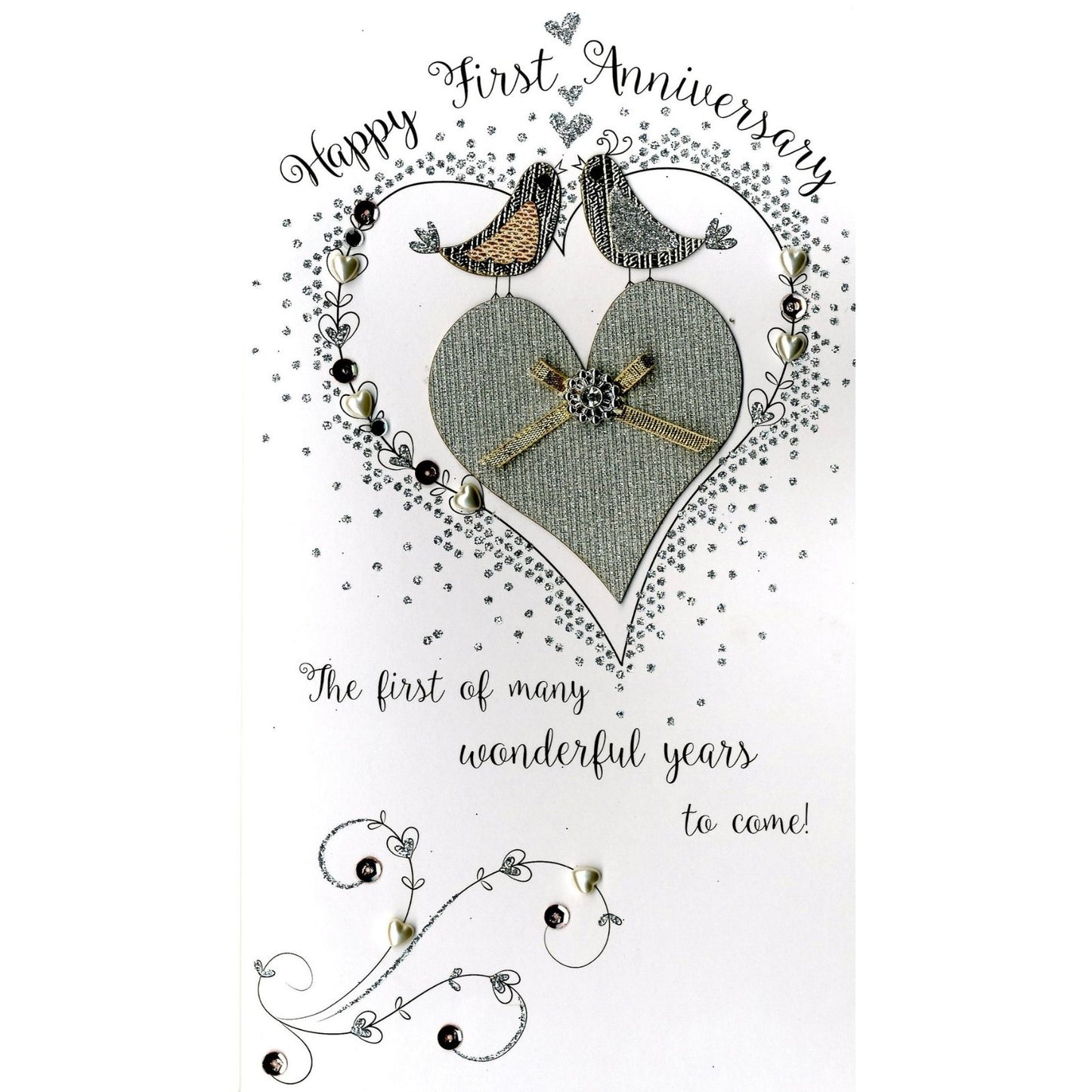 Happy 1st Anniversary Card Champagne Hand-Finished Embellished Love Bird Design