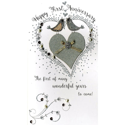 Happy 1st Anniversary Card Champagne Hand-Finished Embellished Love Bird Design
