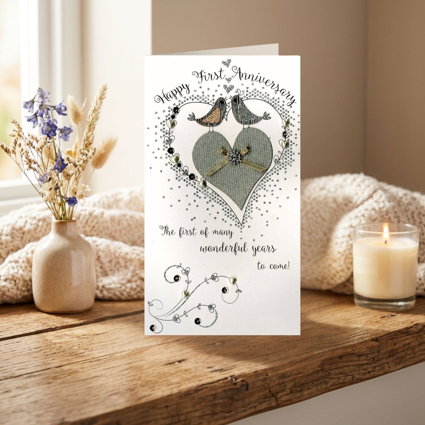 Happy 1st Anniversary Card Champagne Hand-Finished Embellished Love Bird Design