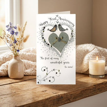 Happy 1st Anniversary Card Champagne Hand-Finished Embellished Love Bird Design