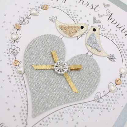 Happy 1st Anniversary Card Champagne Hand-Finished Embellished Love Bird Design
