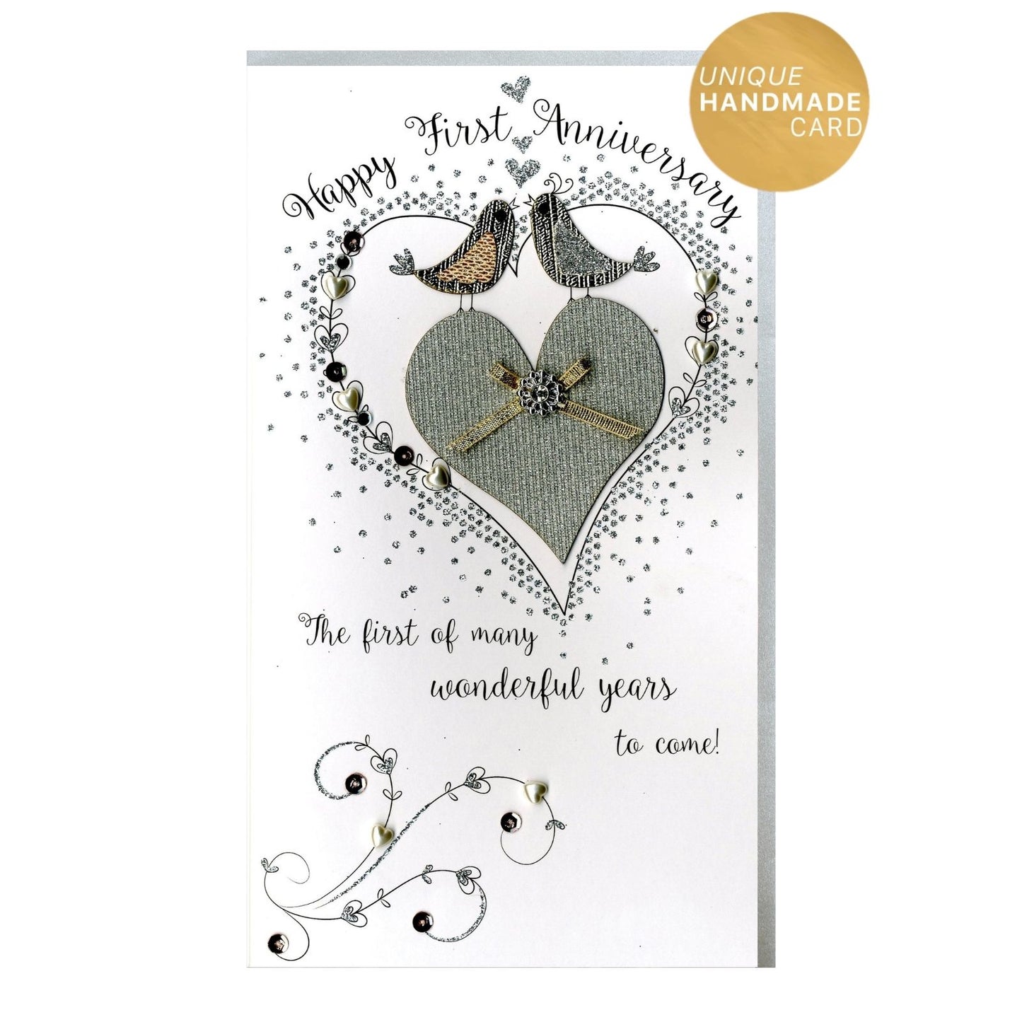Happy 1st Anniversary Card Champagne Hand-Finished Embellished Love Bird Design