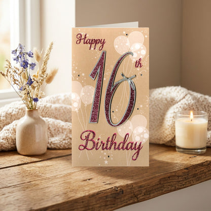 16th Birthday Card For Her Champagne Hand-Finished Embellished Glitter 16 Design