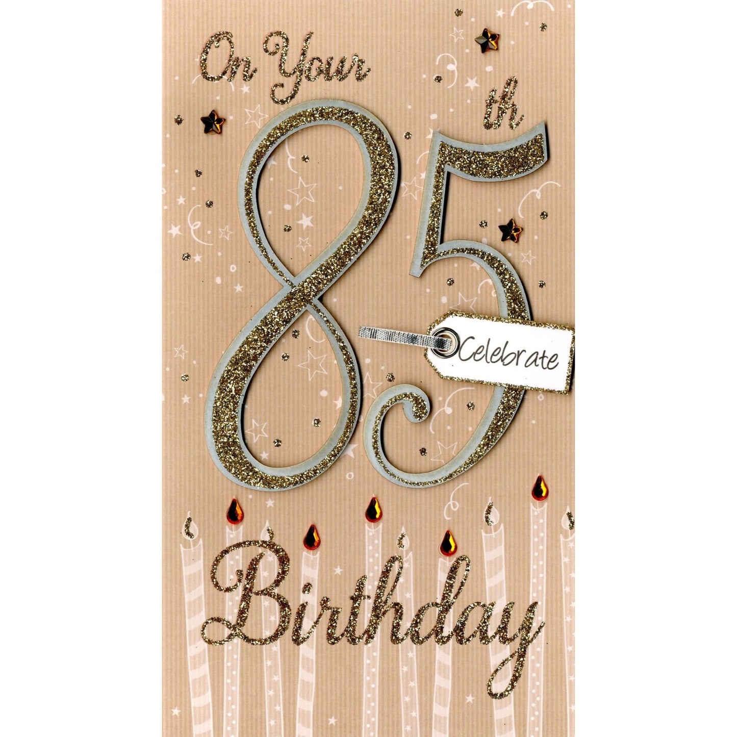85th Birthday Card Gold Champagne Hand-Finished Embellished Glitter 85 Design