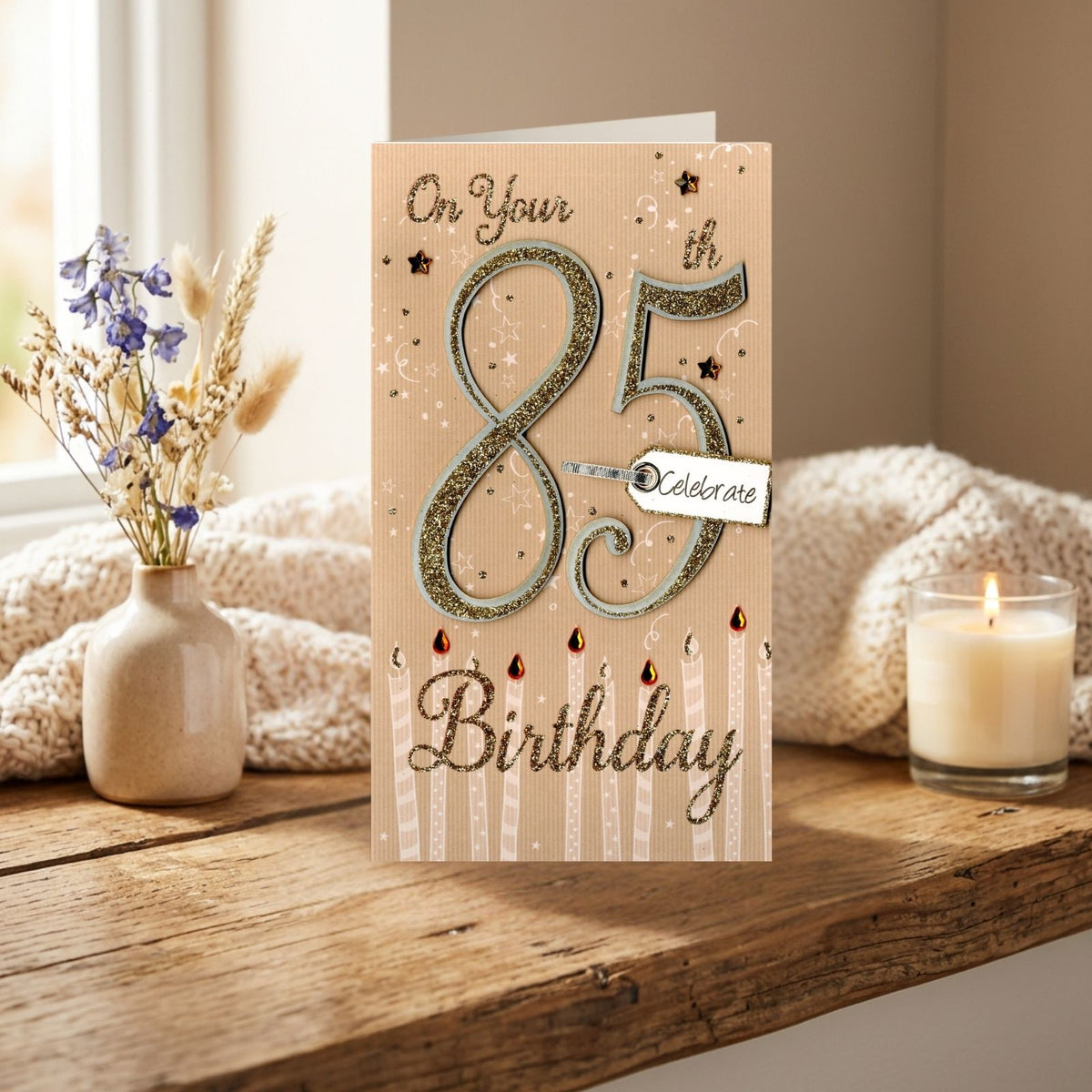 85th Birthday Card Gold Champagne Hand-Finished Embellished Glitter 85 Design
