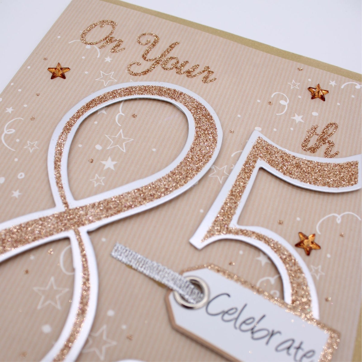 85th Birthday Card Gold Champagne Hand-Finished Embellished Glitter 85 Design