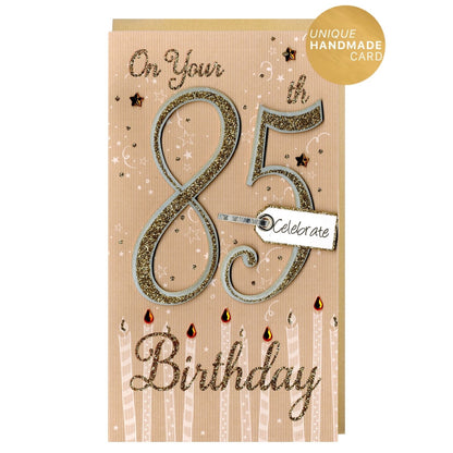 85th Birthday Card Gold Champagne Hand-Finished Embellished Glitter 85 Design
