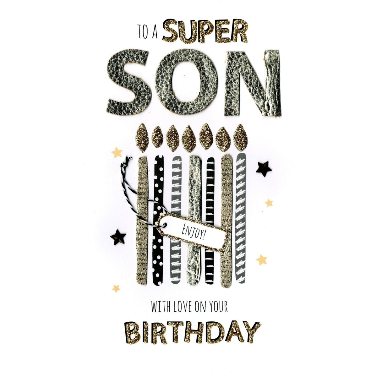 Son Birthday Card Super Son Champagne Hand-Finished Embellished Candles Design
