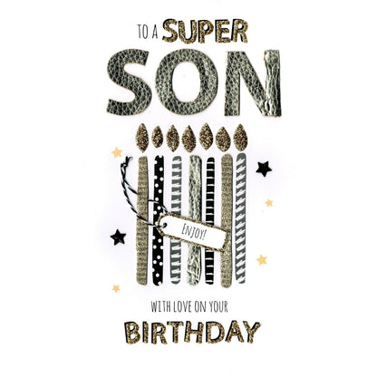 Son Birthday Card Super Son Champagne Hand-Finished Embellished Candles Design