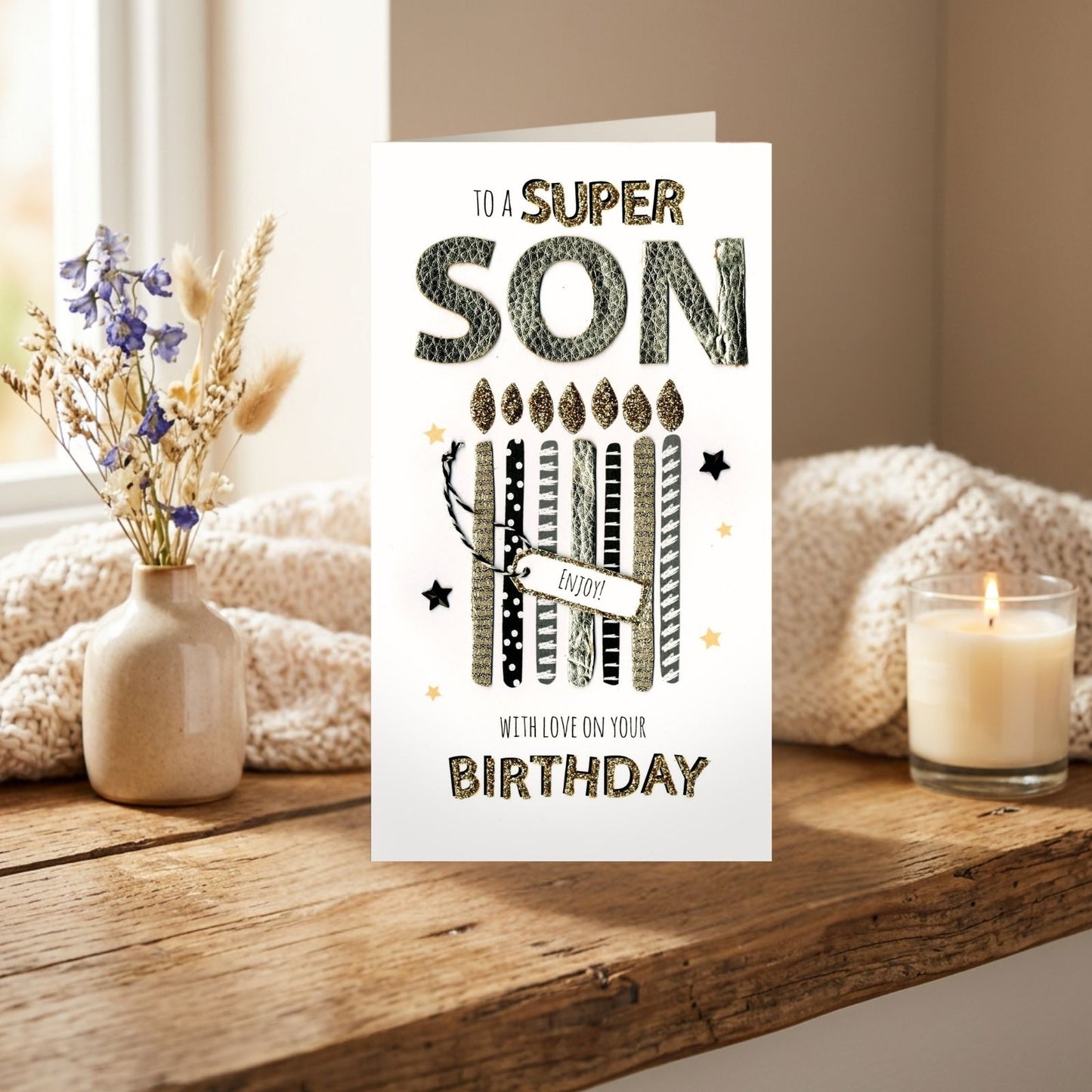 Son Birthday Card Super Son Champagne Hand-Finished Embellished Candles Design