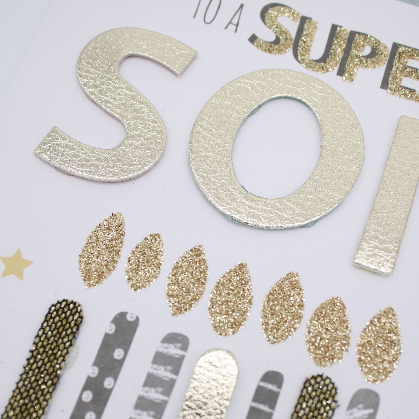 Son Birthday Card Super Son Champagne Hand-Finished Embellished Candles Design