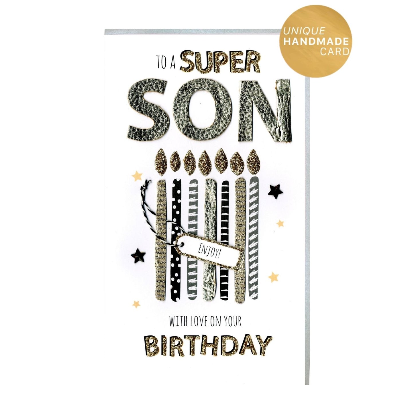 Son Birthday Card Super Son Champagne Hand-Finished Embellished Candles Design