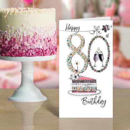 Female Happy 80th Birthday Greeting Card Hand-Finished