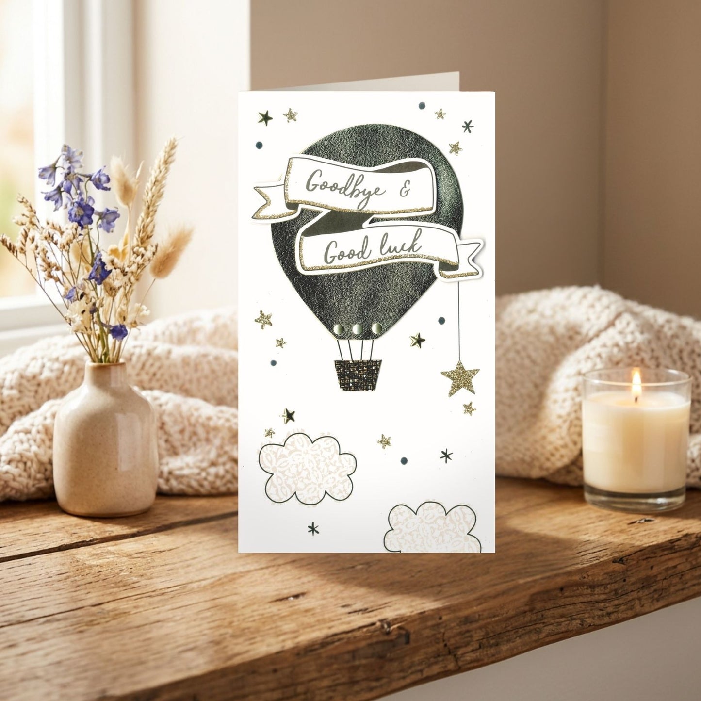Goodbye & Goodluck Card Champagne Hand-Finished Embellished Balloon Design
