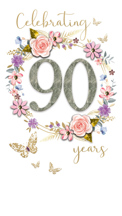 Female 90th Birthday Card Embellished Wreath Of Flowers Champagne Greeting Card
