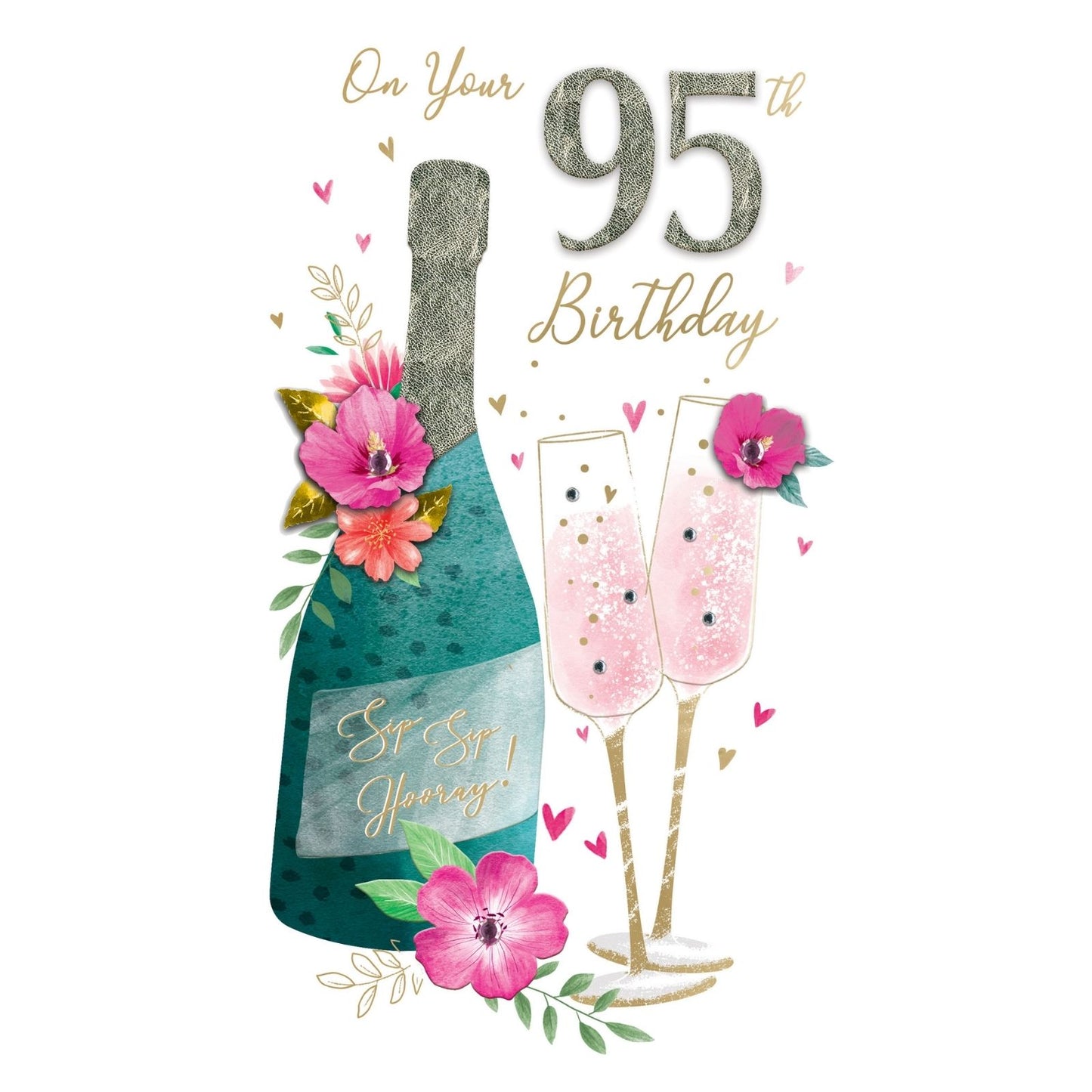 95th Birthday Card For Her Champagne Hand-Finished Embellished Flutes Design