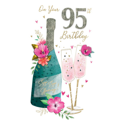 95th Birthday Card For Her Champagne Hand-Finished Embellished Flutes Design