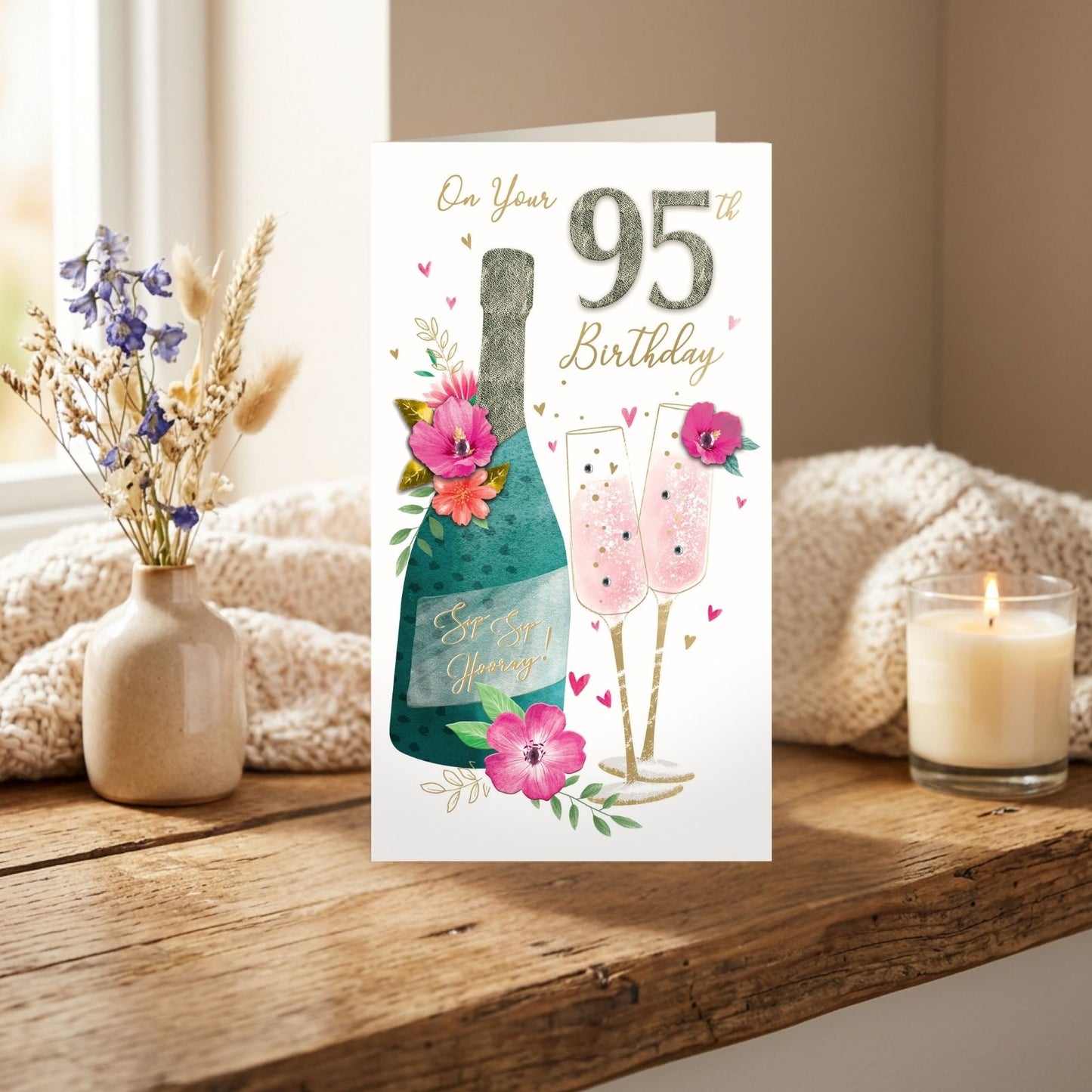 95th Birthday Card For Her Champagne Hand-Finished Embellished Flutes Design