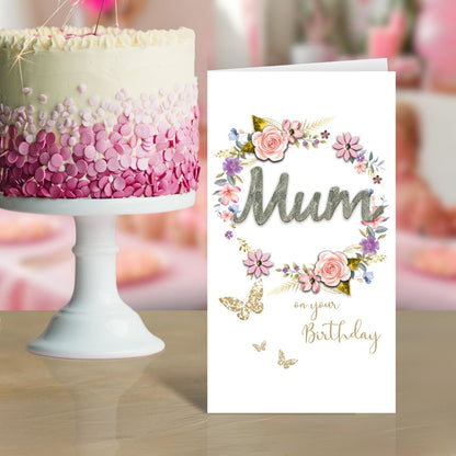 Mum Birthday Card Embellished & Foiled Floral Wreath Champagne Greeting Card