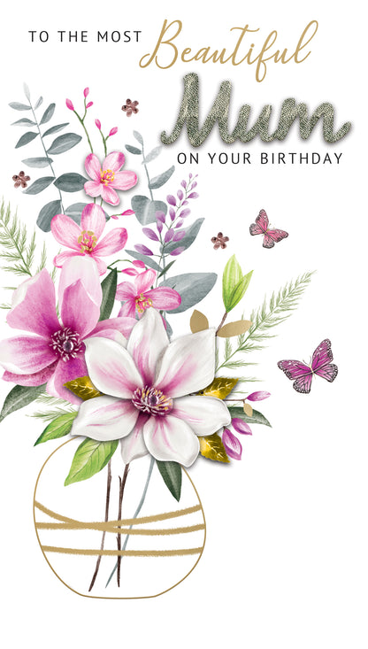 Mum Birthday Card Embellished & Foiled Floral Vase Champagne Greeting Card