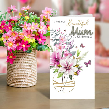 Mum Birthday Card Embellished & Foiled Floral Vase Champagne Greeting Card