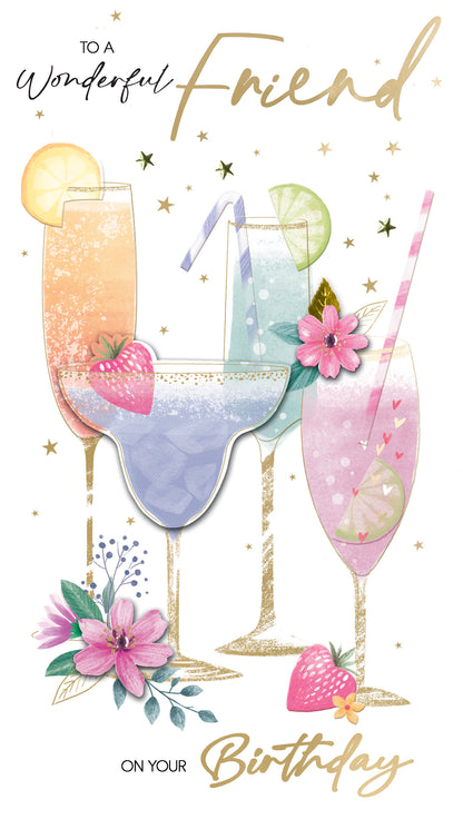 Friend Birthday Card Embellished Cocktail Drinks Champagne Greeting Card