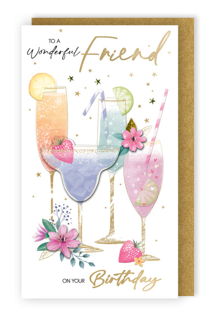 Friend Birthday Card Embellished Cocktail Drinks Champagne Greeting Card