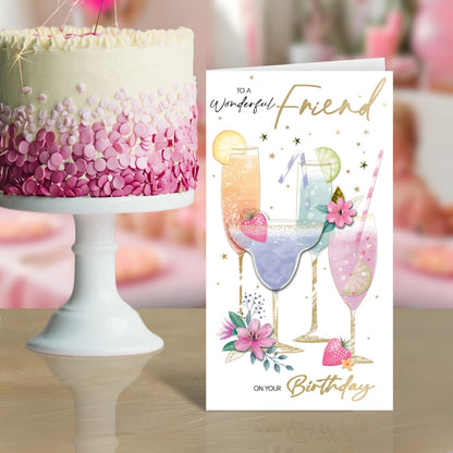 Friend Birthday Card Embellished Cocktail Drinks Champagne Greeting Card