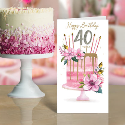 Female 40th Birthday Card Embellished Cake Forty Champagne Greeting Card