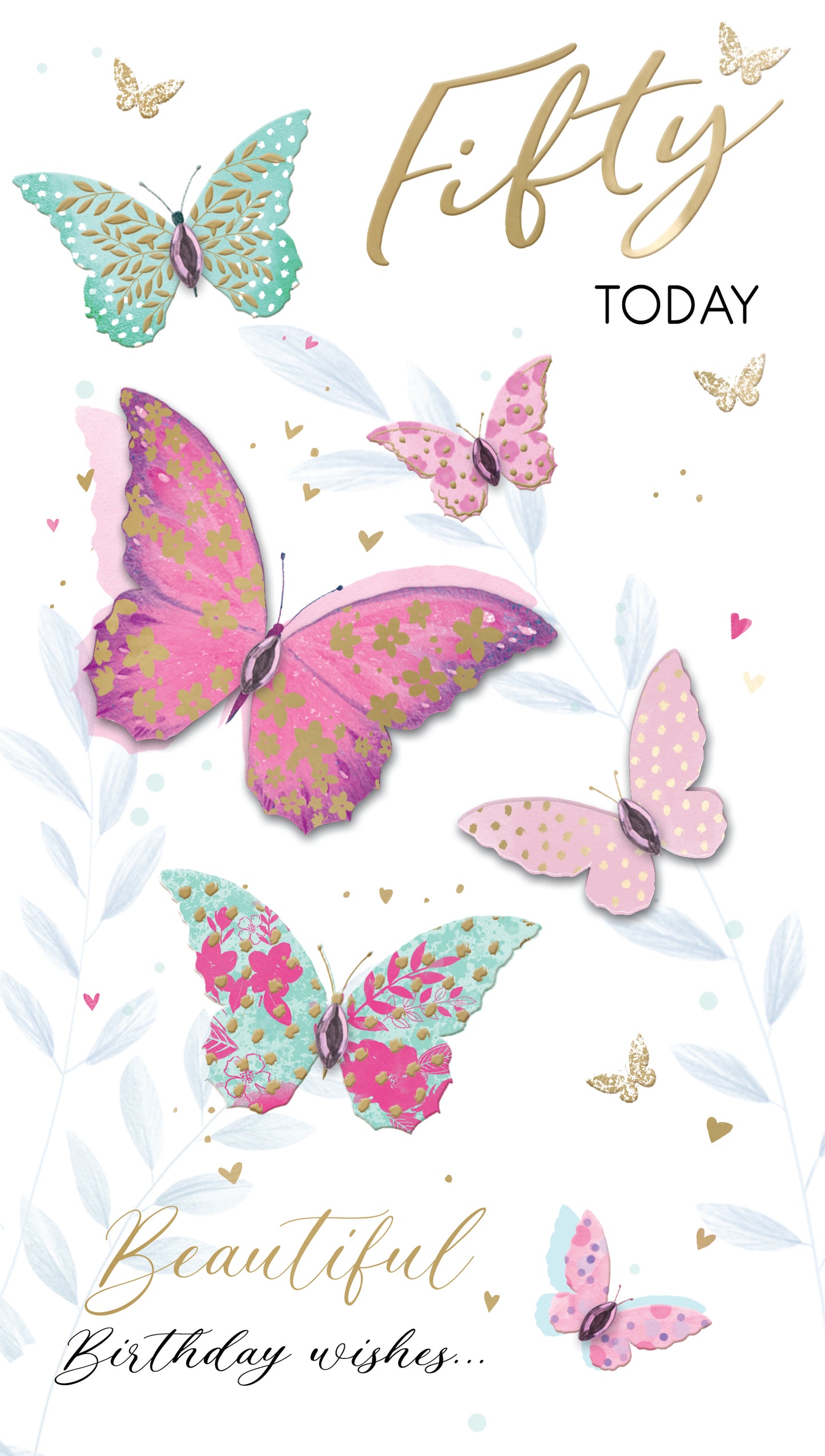Female 50th Birthday Card Embellished Butterflies Champagne Greeting Card
