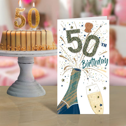 Male 50th Birthday Card Embellished Fifty Today Champagne Greeting Card