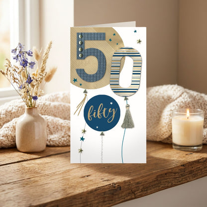 50th Birthday Card For Him Champagne Hand-Finished Embellished Fifty Design