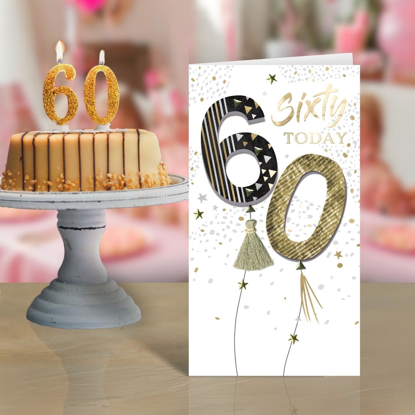 Sixty Today 60th Birthday Card Embellished Balloons Champagne Greeting Card