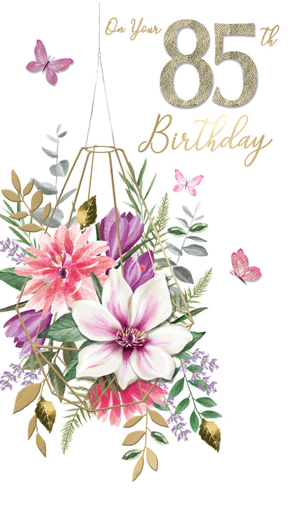 Female 85th Birthday Card Embellished Basket Of Flowers Champagne Greeting Card