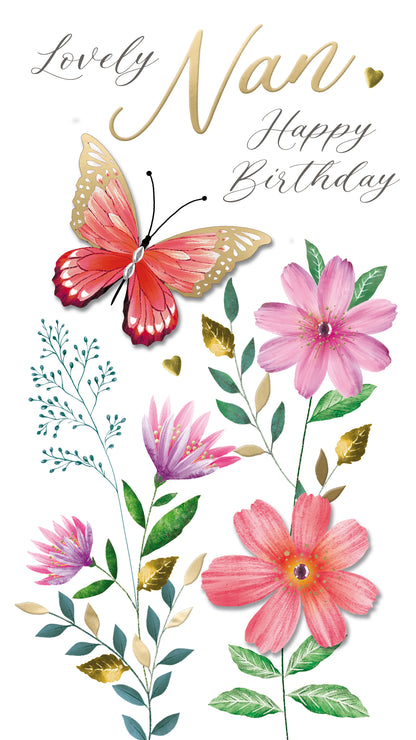 Lovely Nan Happy Birthday Card Embellished Butterflies Champagne Greeting Card