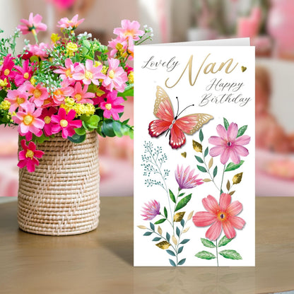 Lovely Nan Happy Birthday Card Embellished Butterflies Champagne Greeting Card