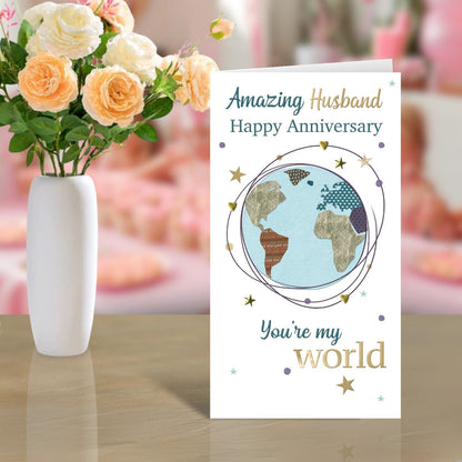 Amazing Husband My World Anniversary Card Embellished Champagne Greeting Card