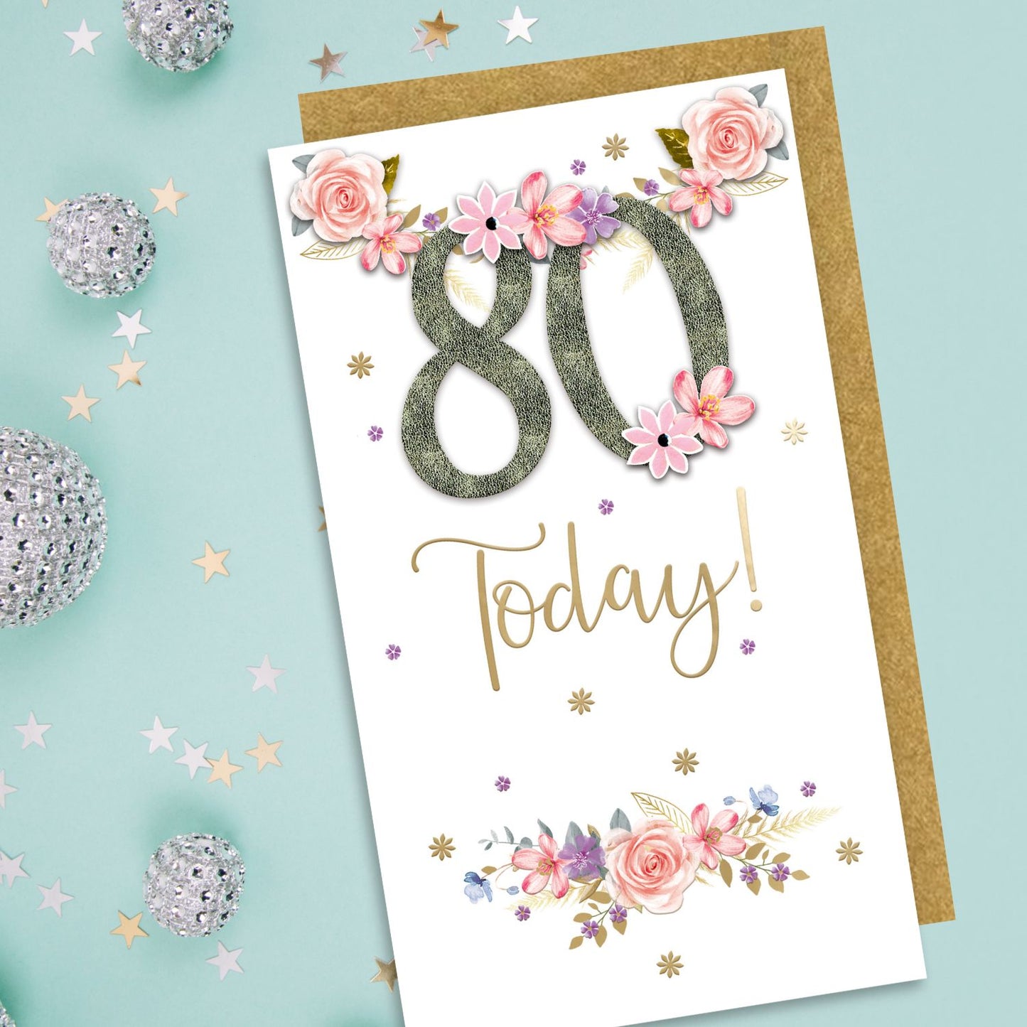 80 Today Fun And Floral Hand-Finished Champagne Birthday Card