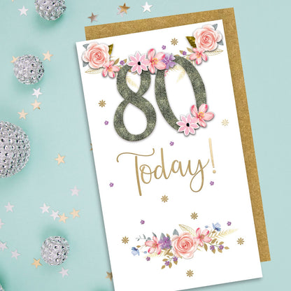 80 Today Fun And Floral Hand-Finished Champagne Birthday Card