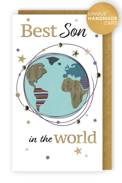 Best Son In The World Galactic Adventure Hand-Finished Champagne Birthday Card