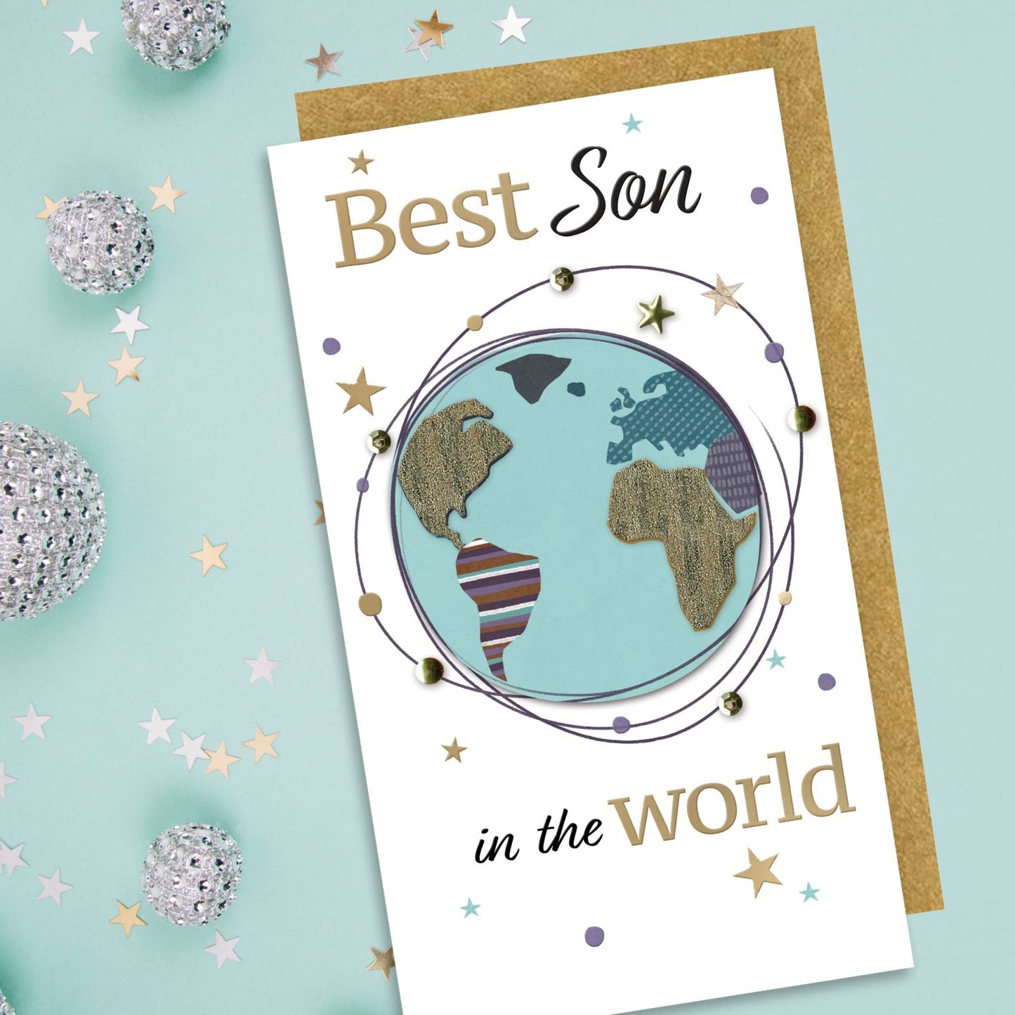 Best Son In The World Galactic Adventure Hand-Finished Champagne Birthday Card