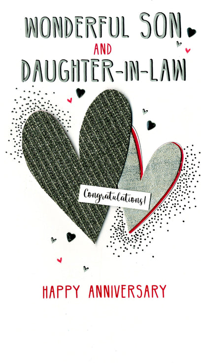Wonderful Son And Daughter-In-Law Congratulations Heart Hugs Anniversary Card