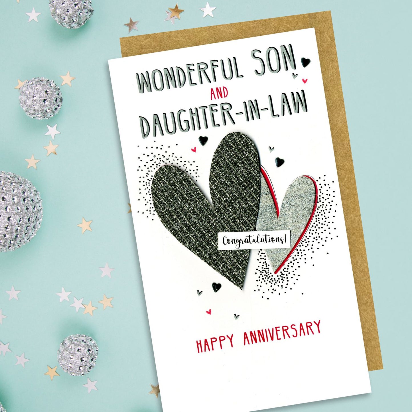 Wonderful Son And Daughter-In-Law Congratulations Heart Hugs Anniversary Card