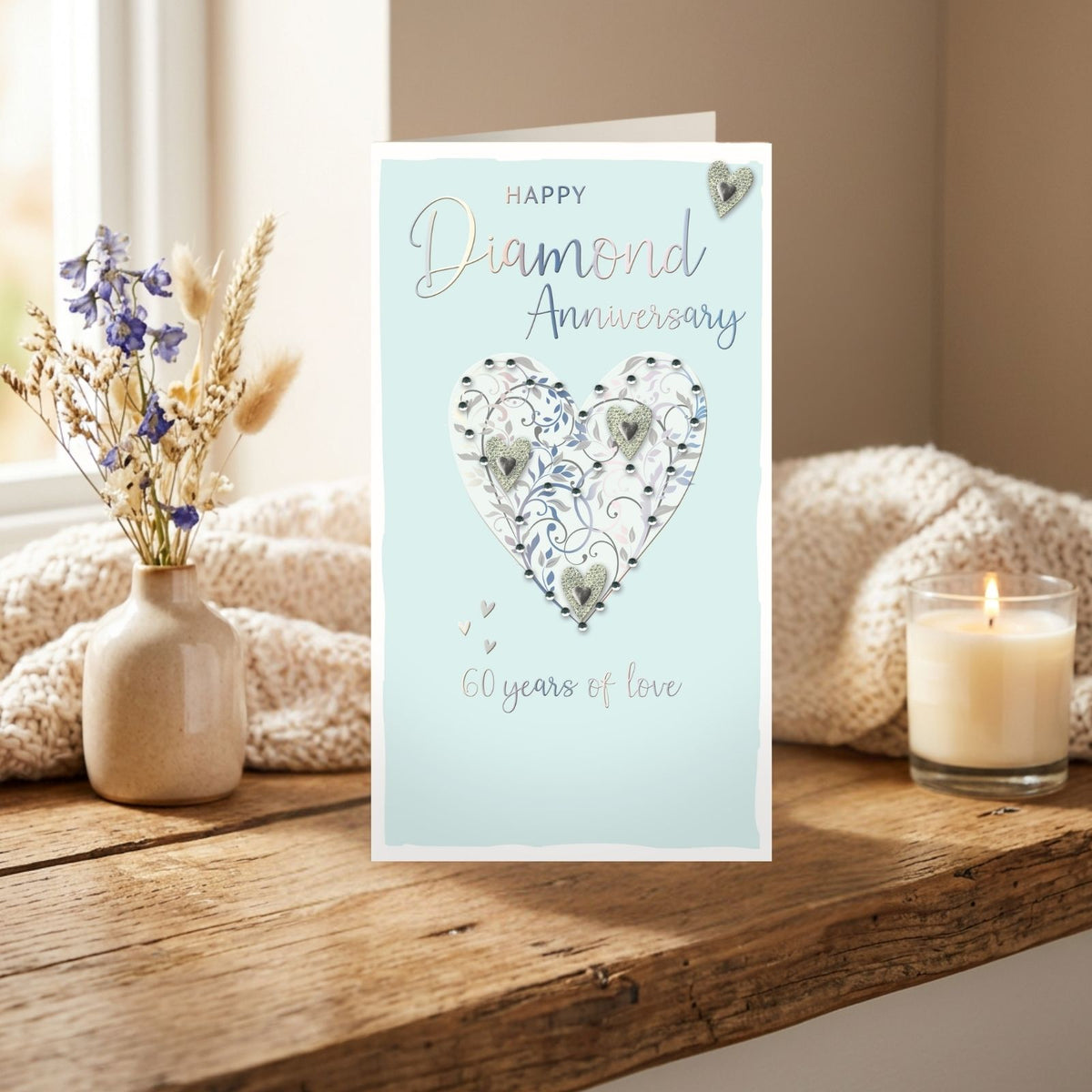 Diamond Anniversary Card 60 Years Champagne Hand-Finished Embellished  Design